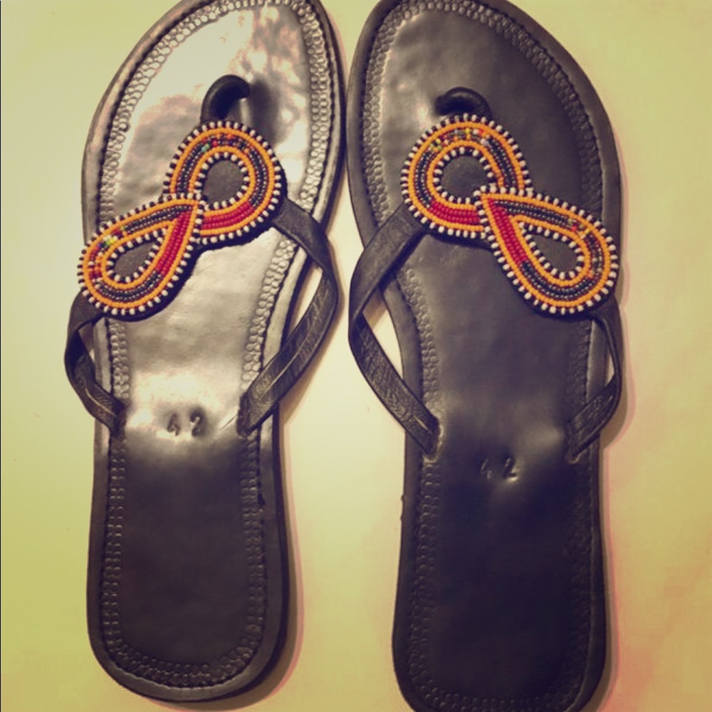 Hand beaded African Sandals Size 10.